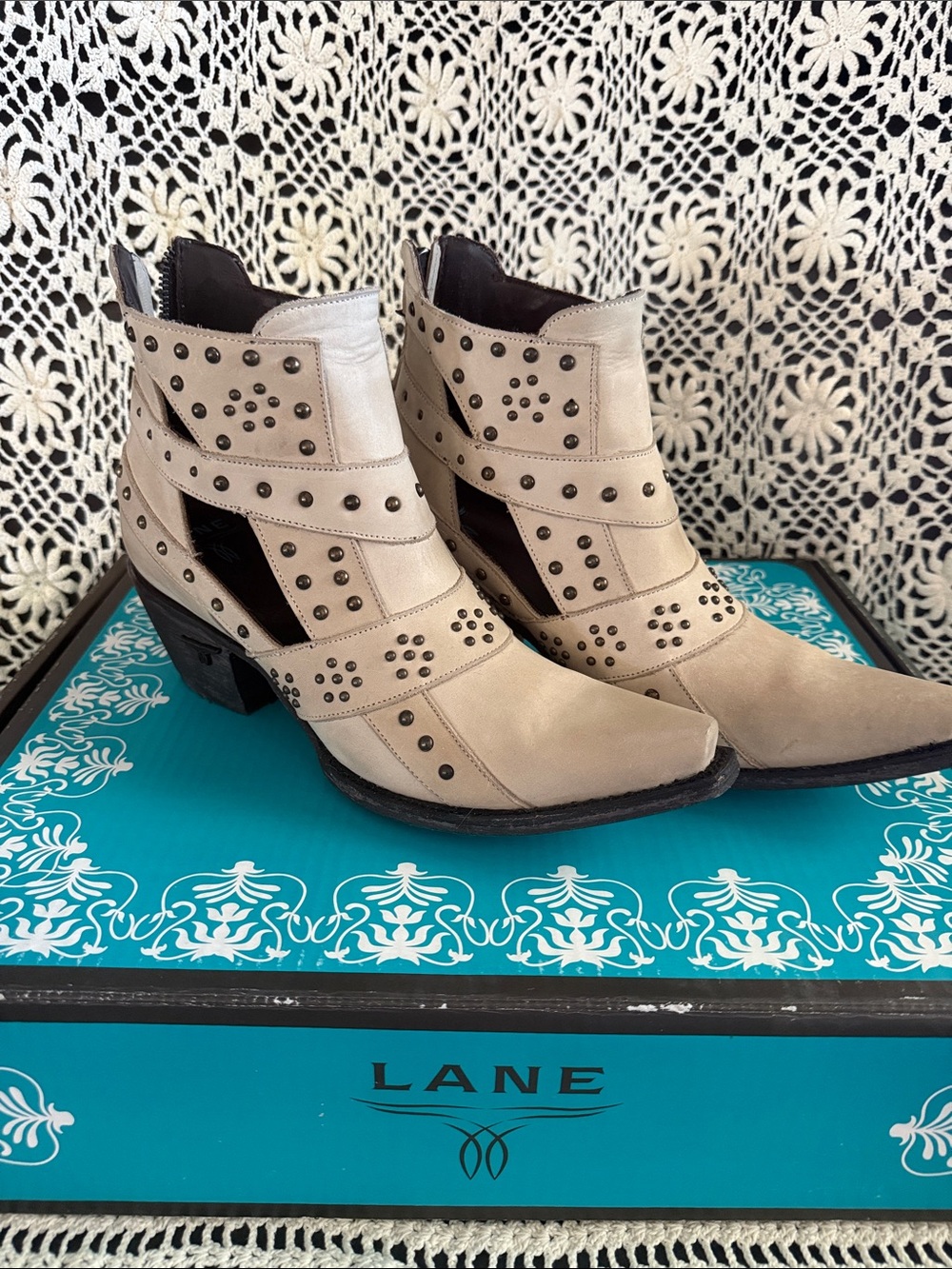 Lane Taupe Studded Cutout Ankle Booties